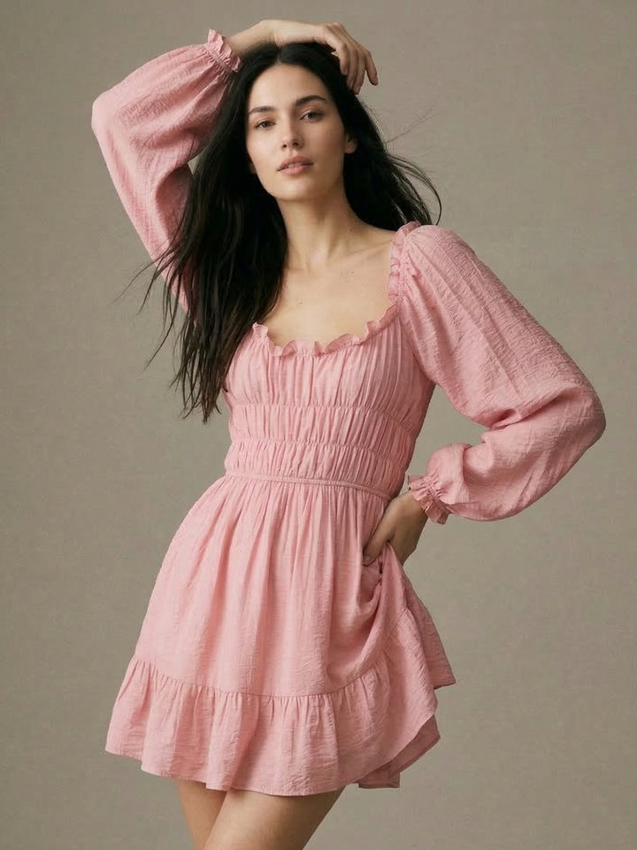 Pink Bishop Sleeve Ruffle Hem Dress