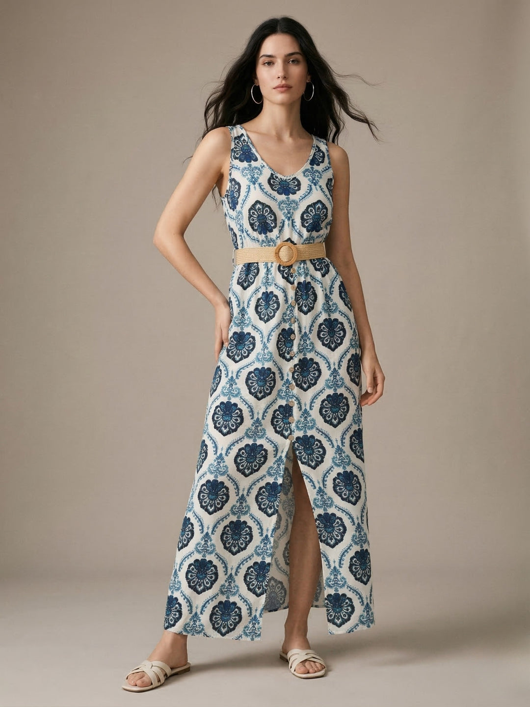 Blue Sleeveless Front Slit Dress