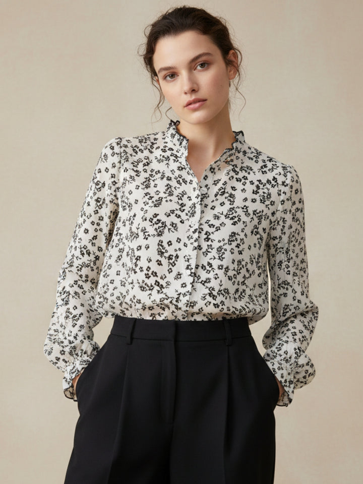 Beige Plunge Neck Printed Cuffed Blousson