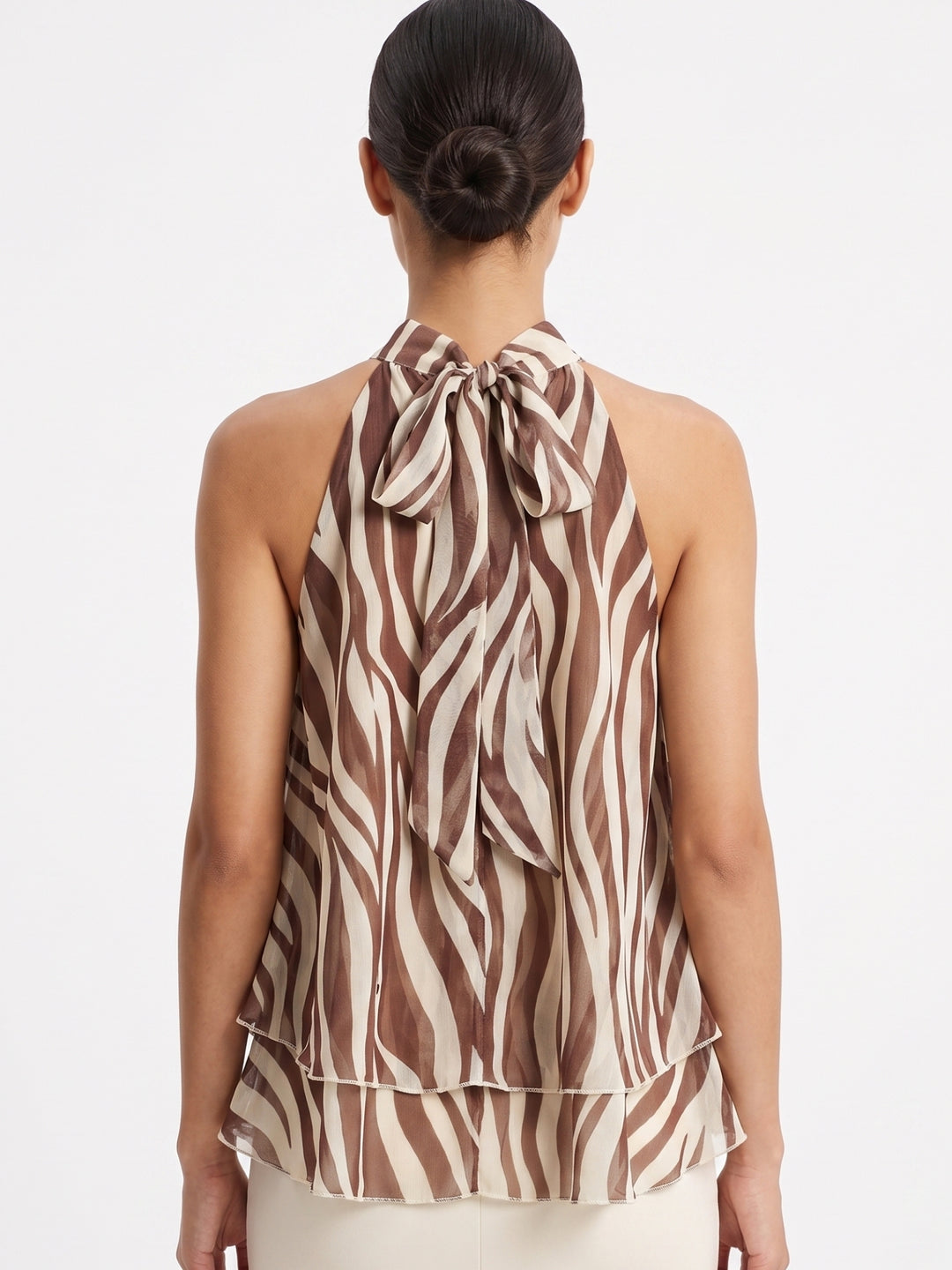 Brown Mock Neck Back Tie-Up Animal Printed Tiered Top
