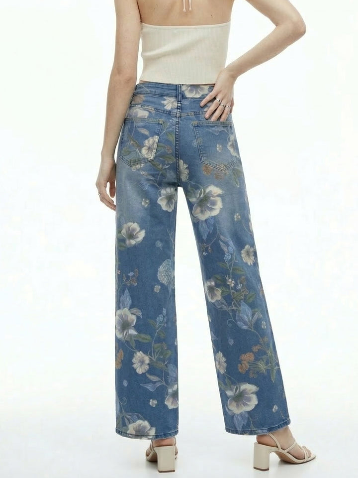 Blue Floral Printed Denim Jeans