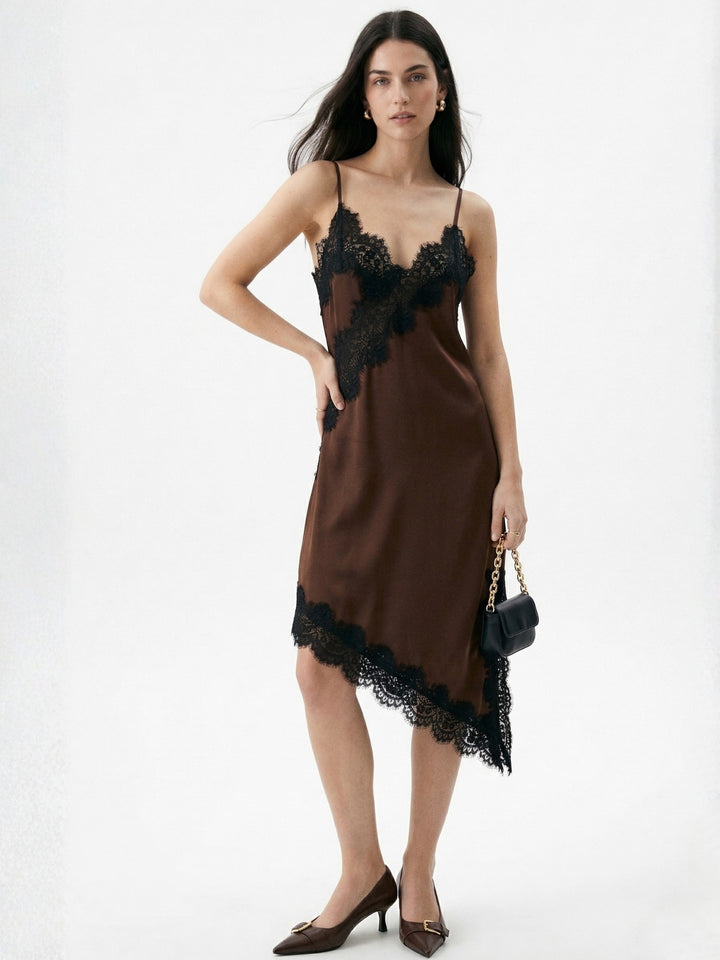 Brown Asymmetric Hem Dress With Lace Inserts