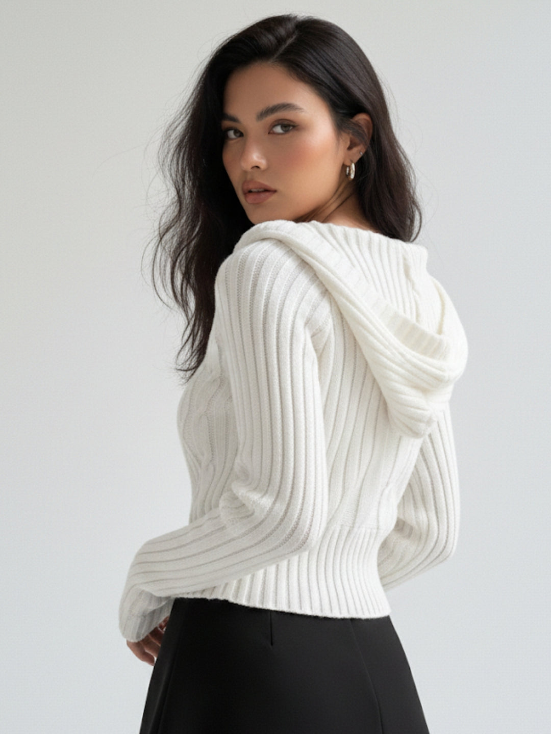 White Full Sleeve Cable Knit Fitted Top