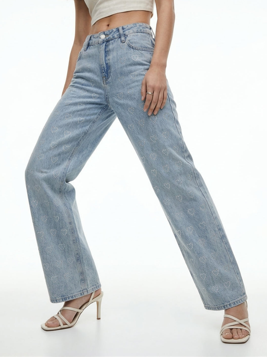 Light Blue Heart Sequined Washed Out Denim Jeans