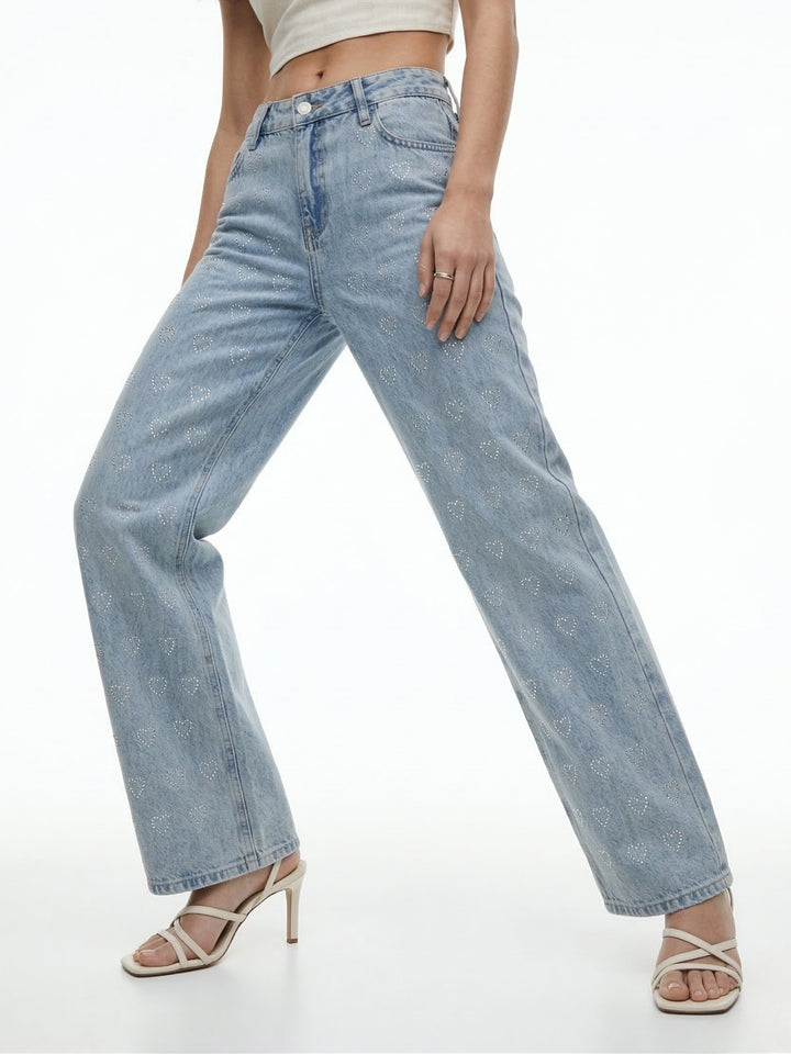 Light Blue Heart Sequined Washed Out Denim Jeans