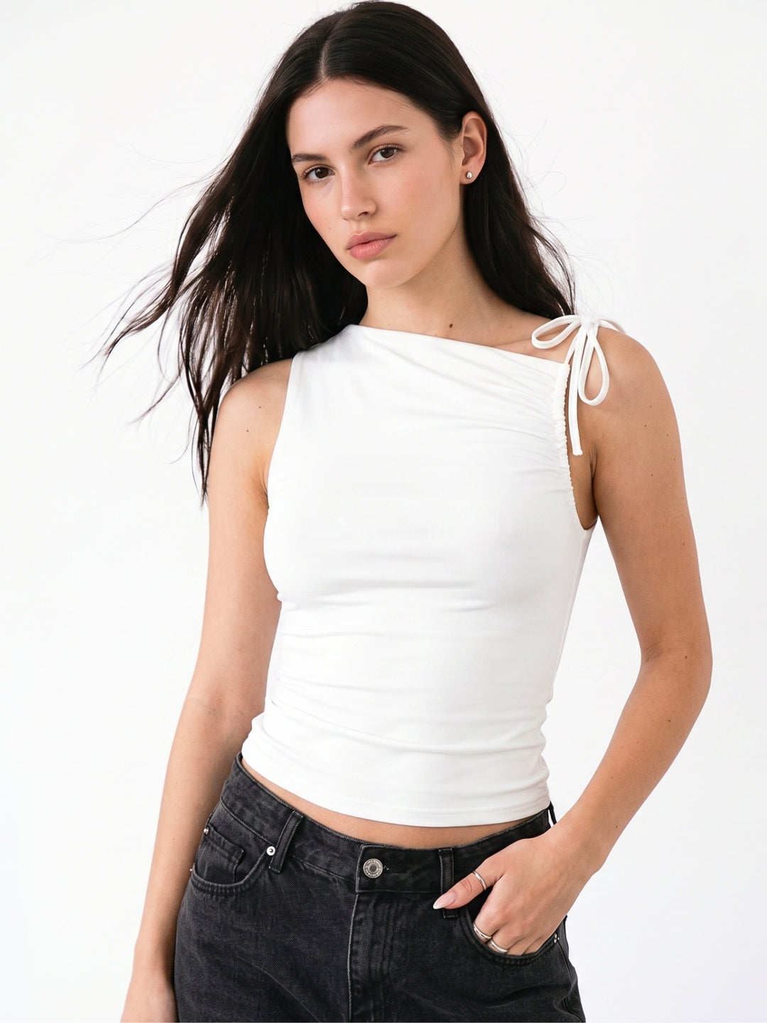 White Gathered Sleeve Top