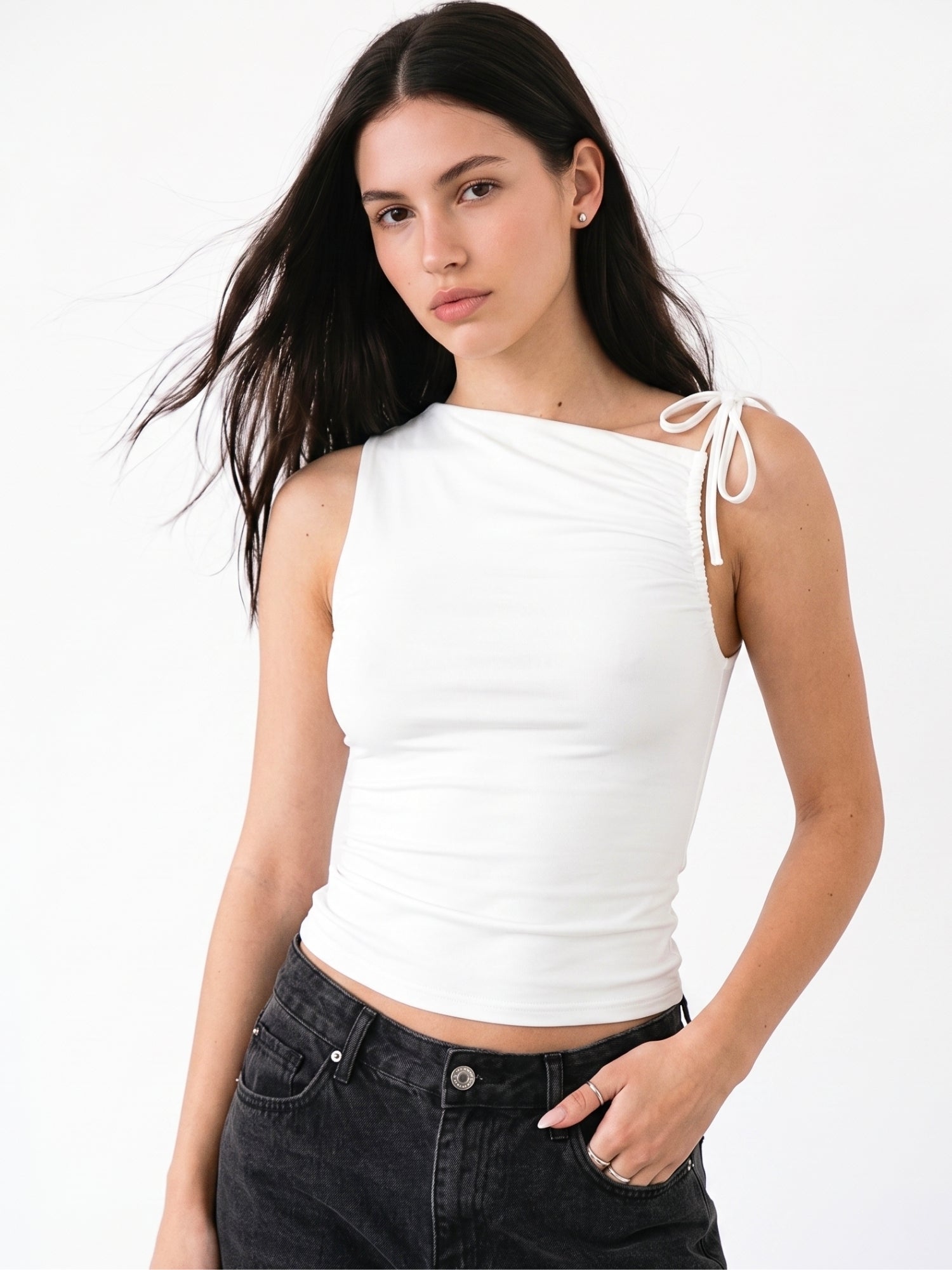 White Gathered Sleeve Top