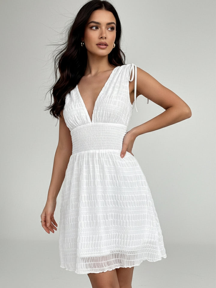 White Halter Neck Waist Fitted Shoulder Tie-Up Textured Dress