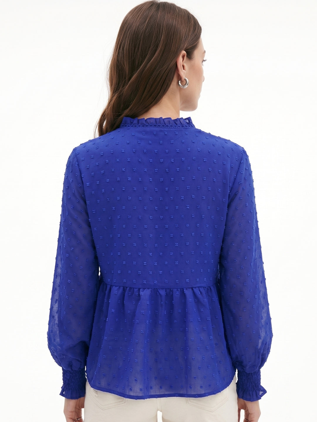 Blue Ruffle Edge Bishop Sleeve Top