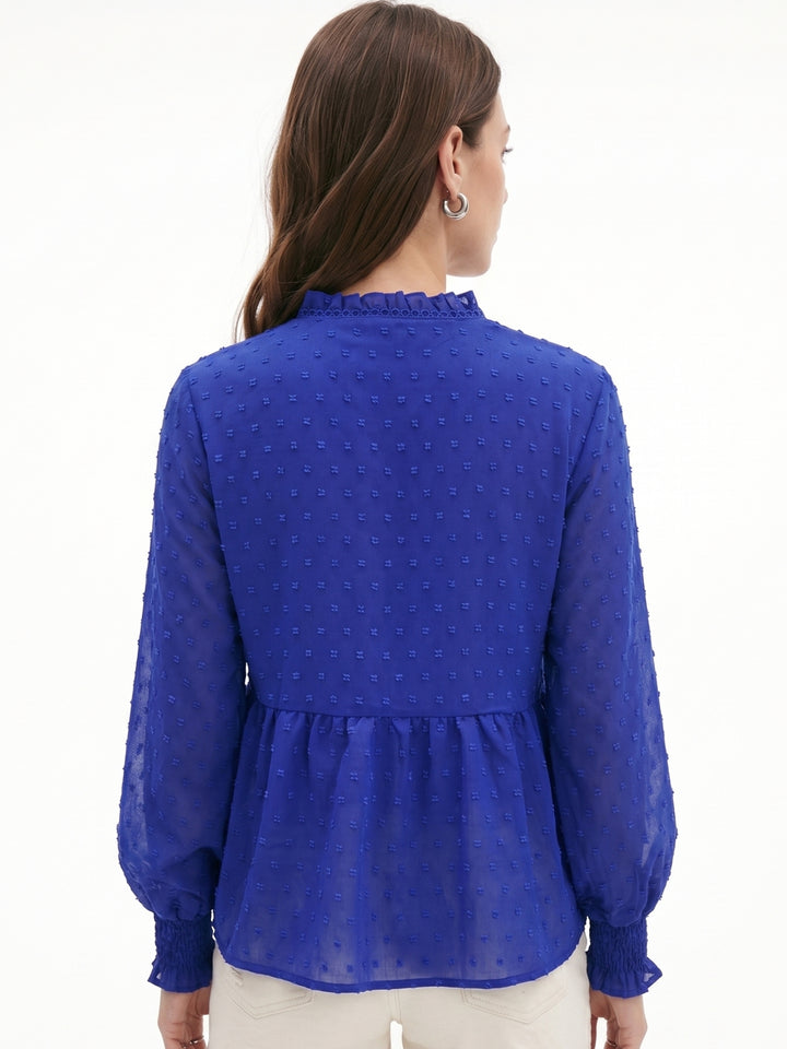 Blue Ruffle Edge Bishop Sleeve Top