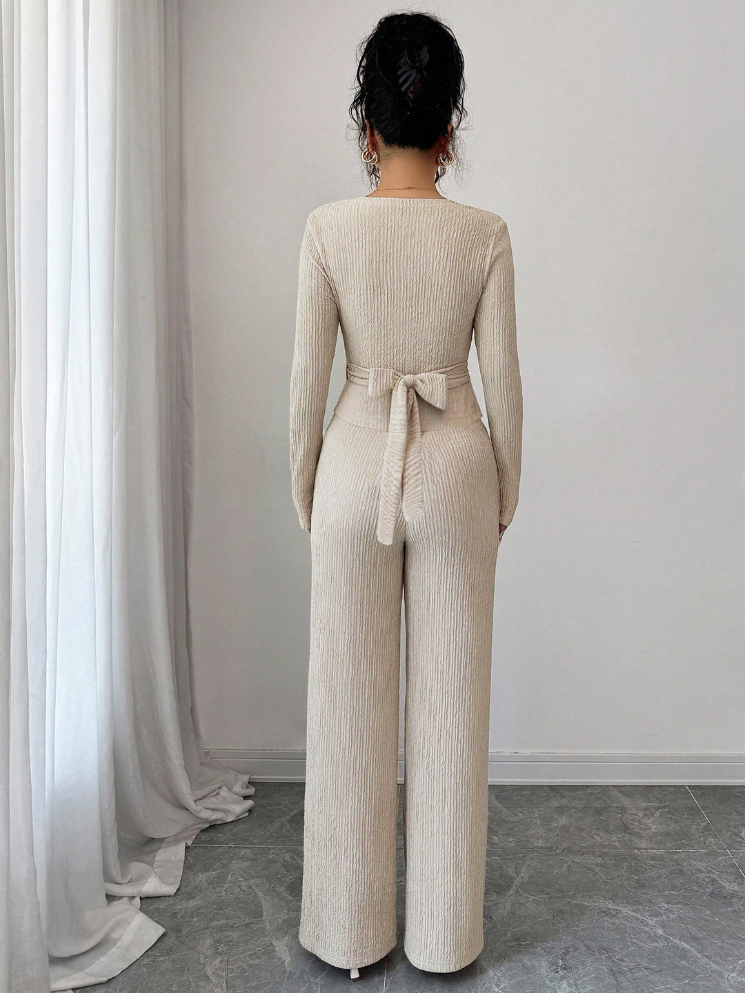 Beige Wrap Top And Pant Co-Ord Set