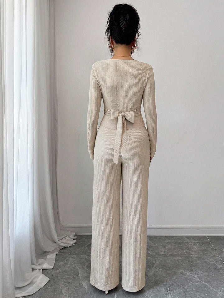 Beige Wrap Top And Pant Co-Ord Set