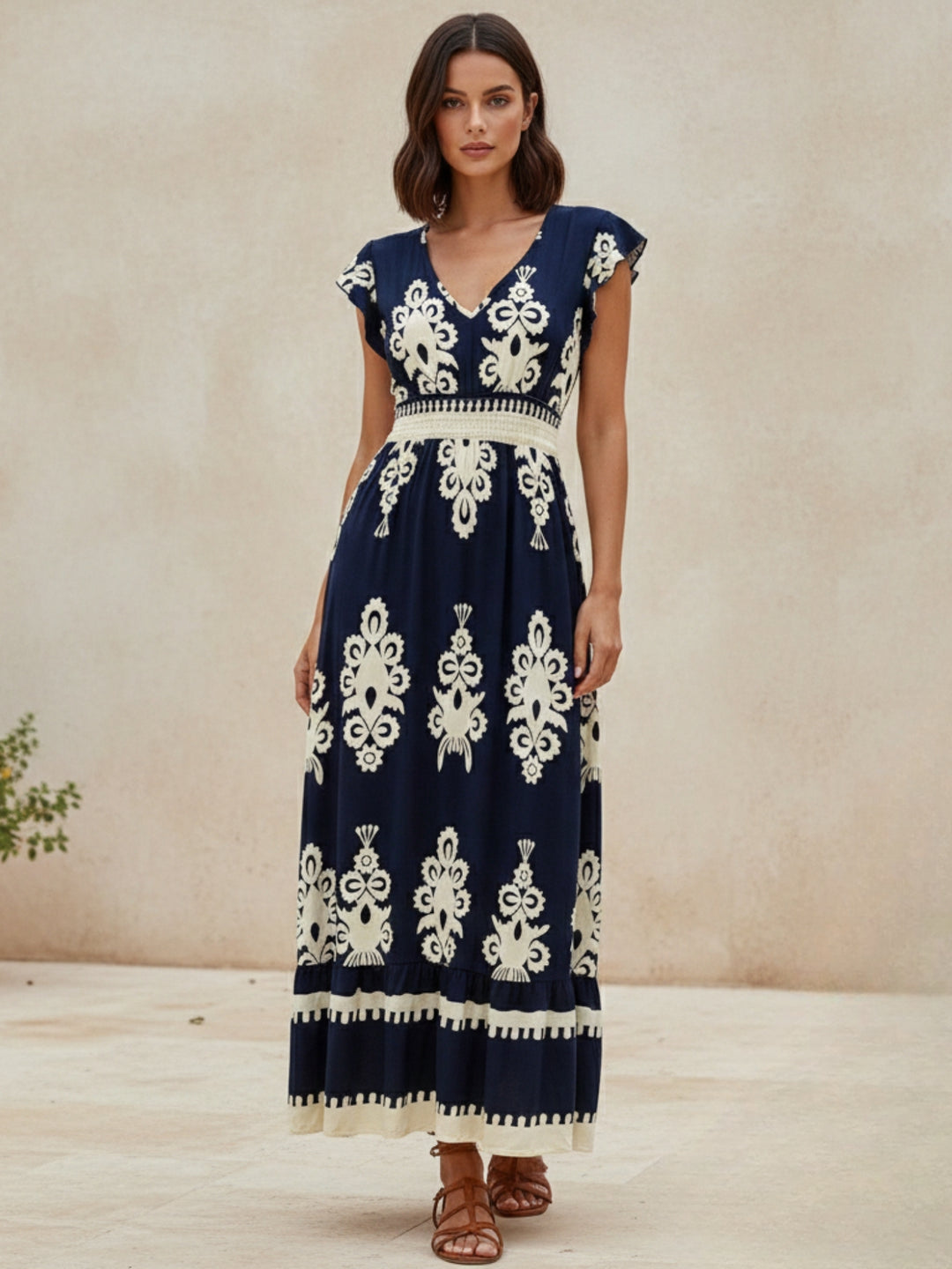 Blue Short Sleeve V Neck Printed Flared Dress