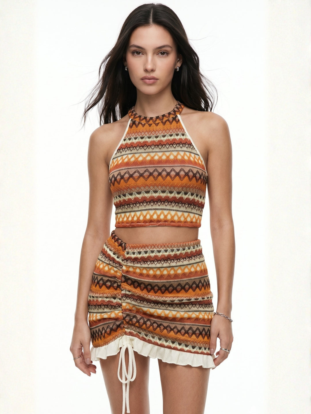 Orange Halter Top And Skirt Set