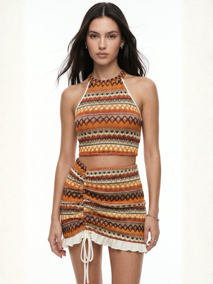 Orange Halter Top And Skirt Set