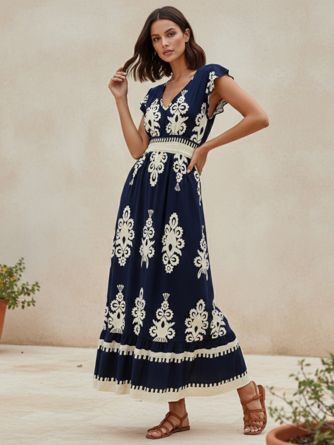 Blue Short Sleeve V Neck Printed Flared Dress