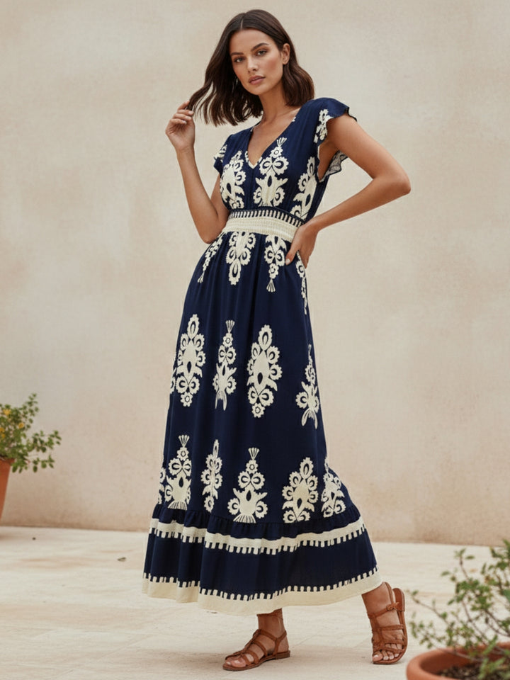 Blue Short Sleeve V Neck Printed Flared Dress