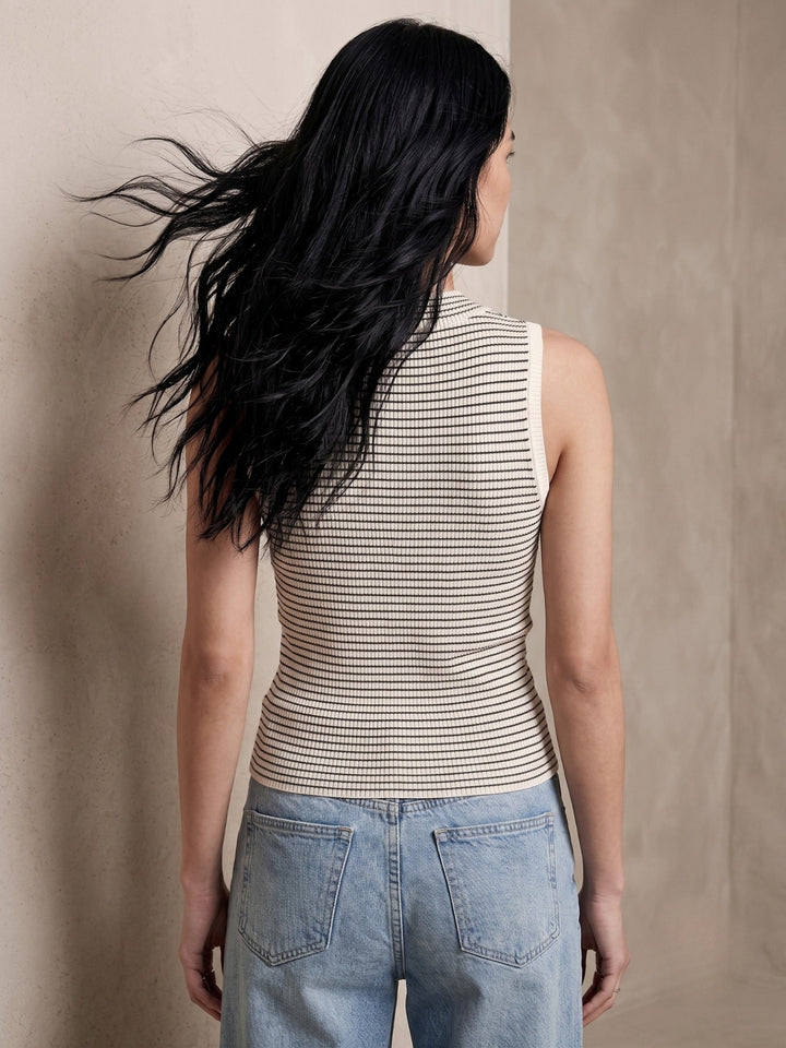 Multi High Neck Mock Buttoned Striped Tank
