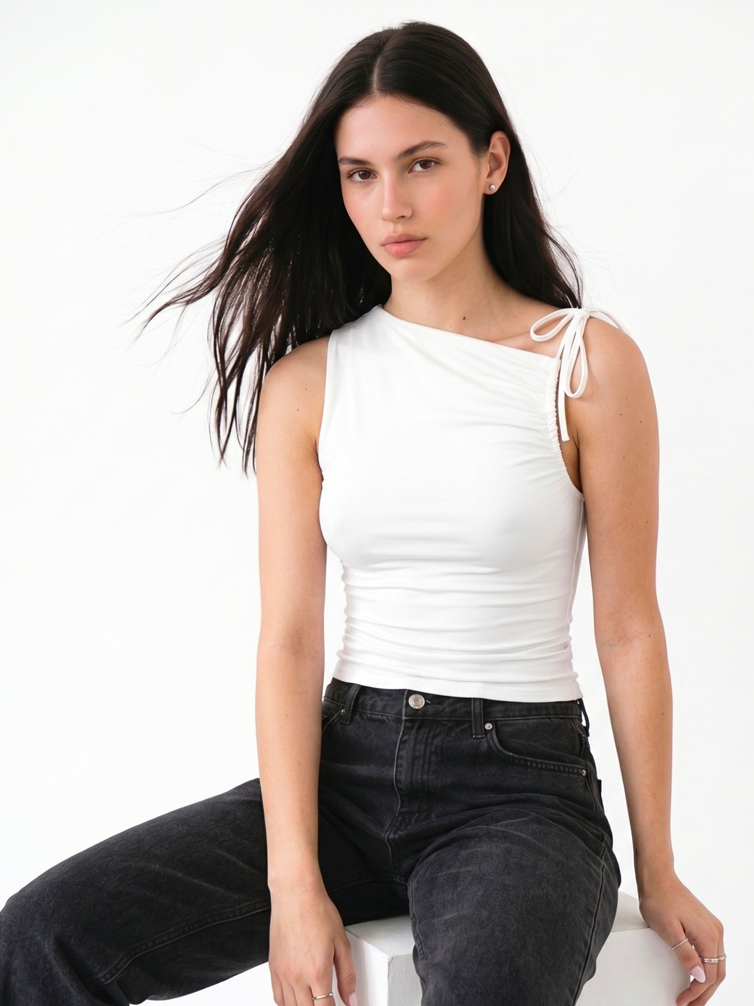 White Gathered Sleeve Top