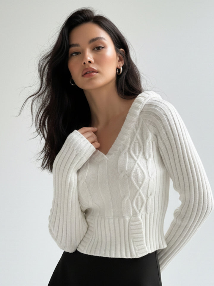 White Full Sleeve Cable Knit Fitted Top