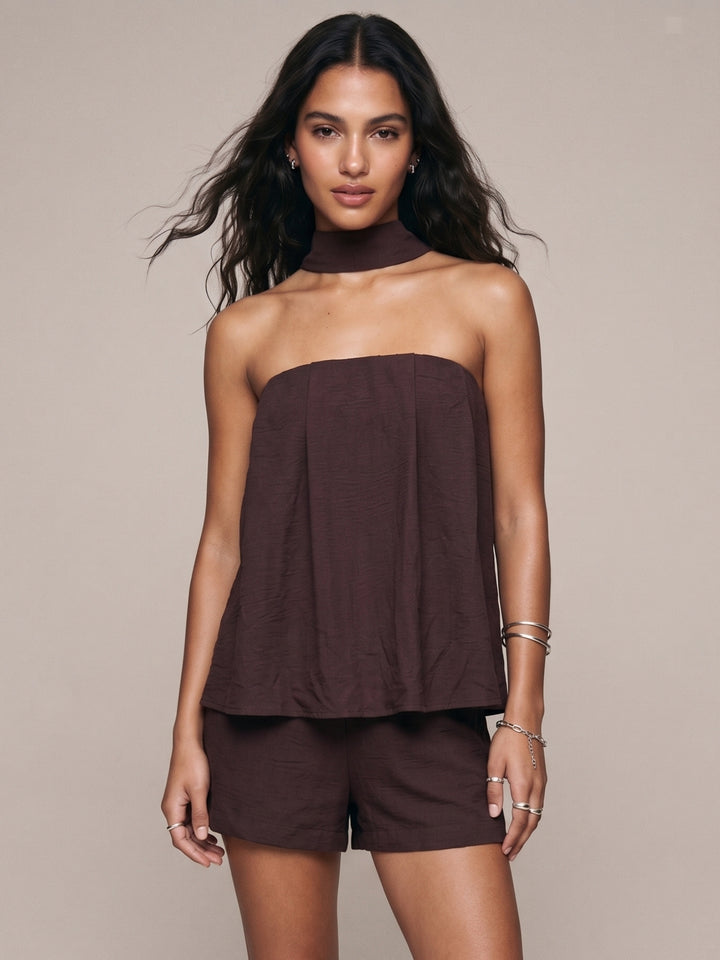 Brown Off Shoulder Neck Wrap Top And Short Set