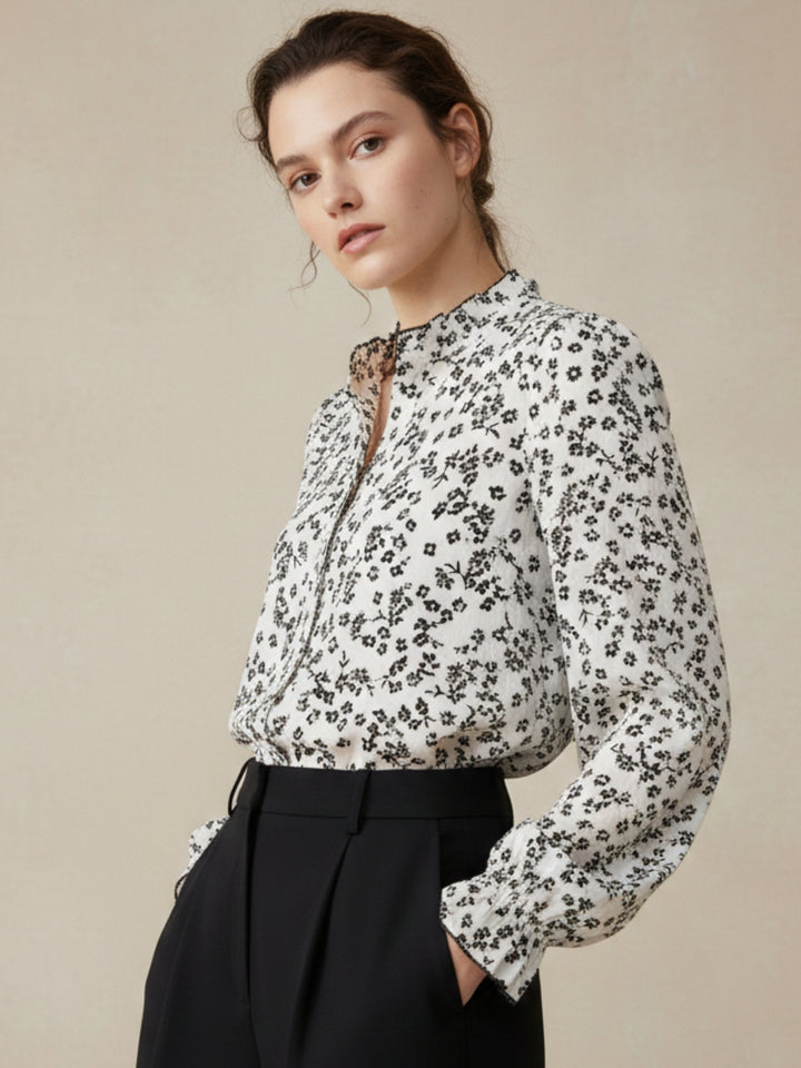 Beige Plunge Neck Printed Cuffed Blousson