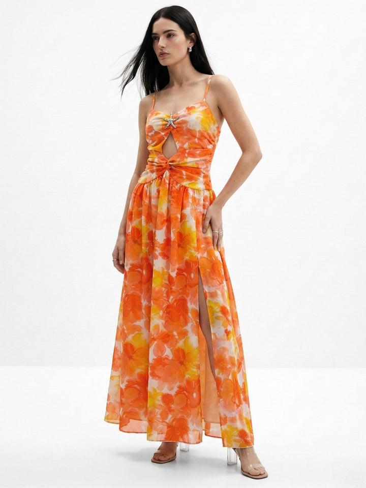 Orange Spaghetti Strap Floral Printed Dress