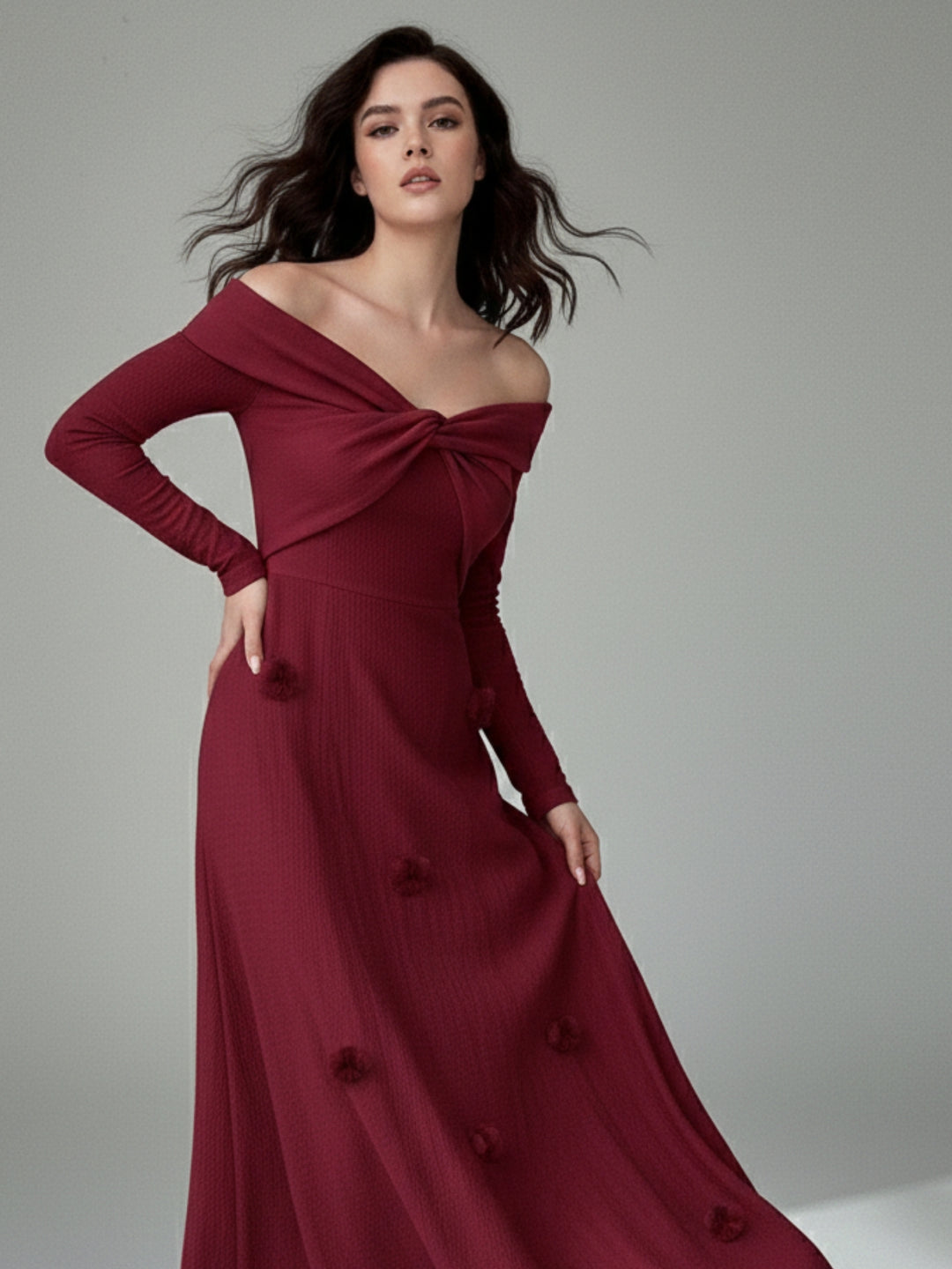 Wine Twisted Off-Shoulder Flared Dress