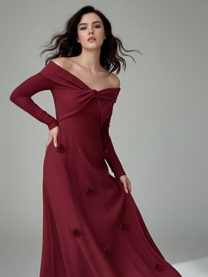 Wine Twisted Off-Shoulder Flared Dress
