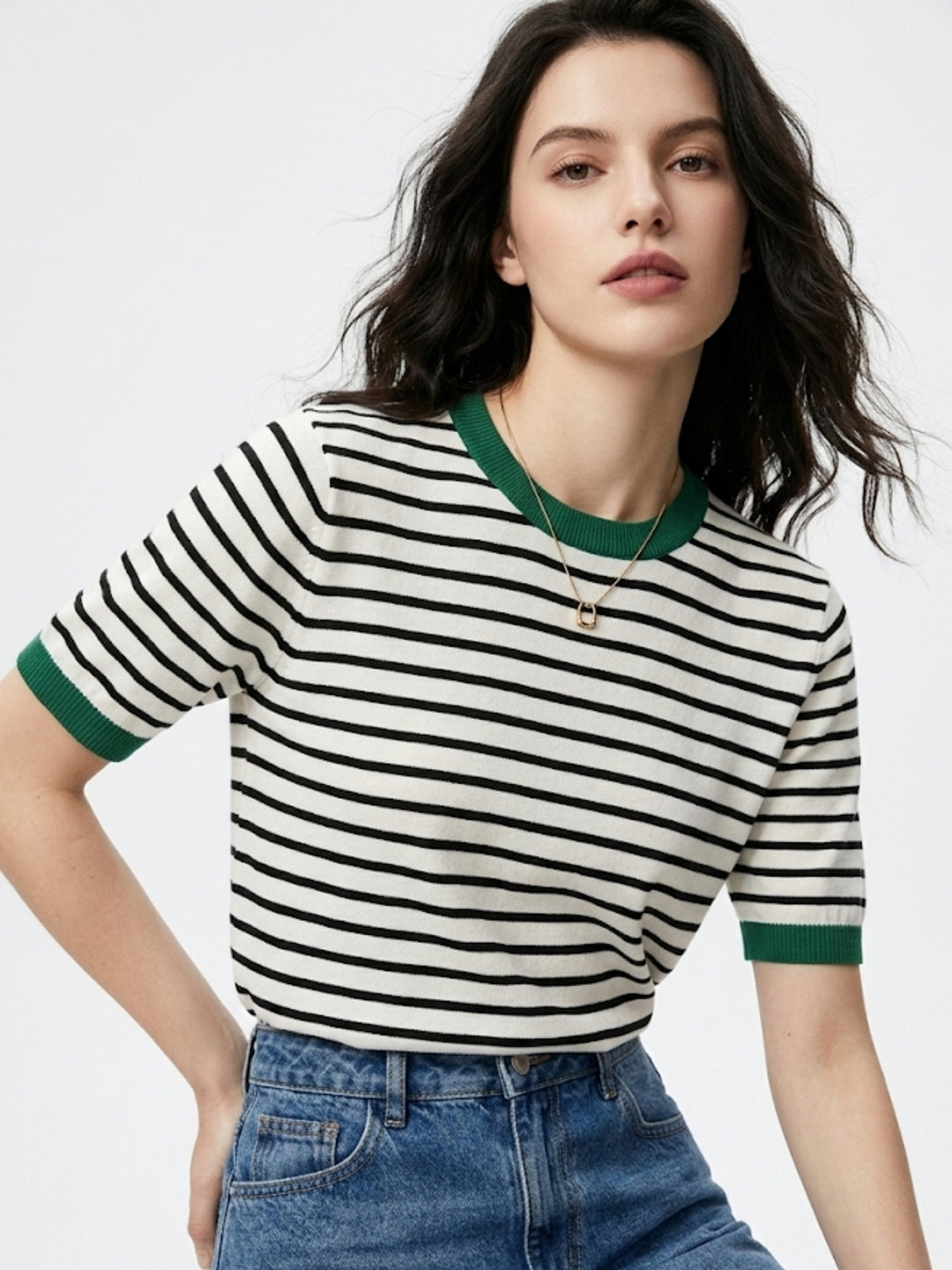 Dark Green Contrast Hem Striped Top