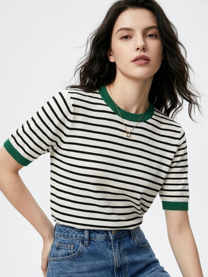 Dark Green Contrast Hem Striped Top