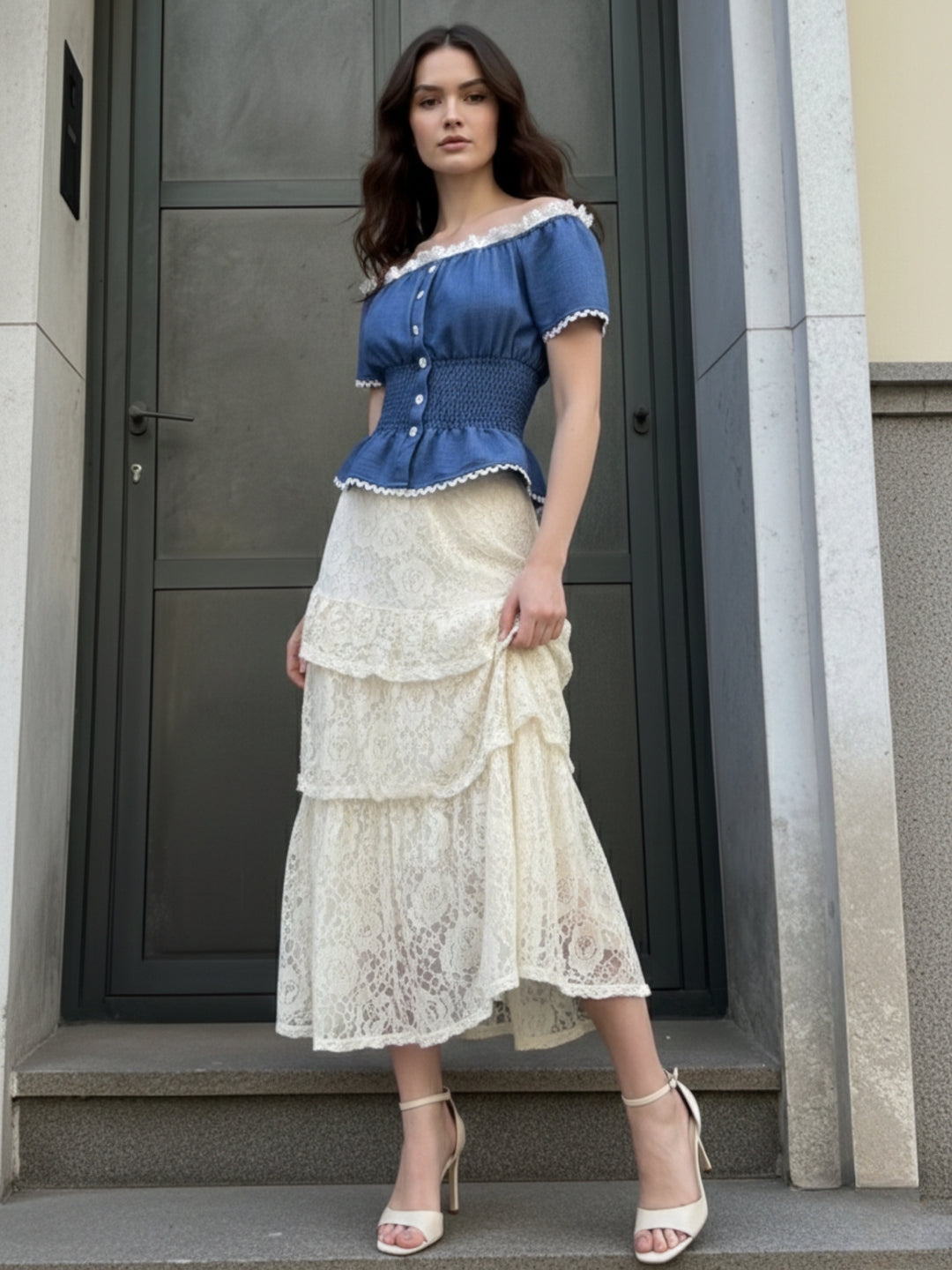 Blue Cinched Waist Puff Sleeved Top
