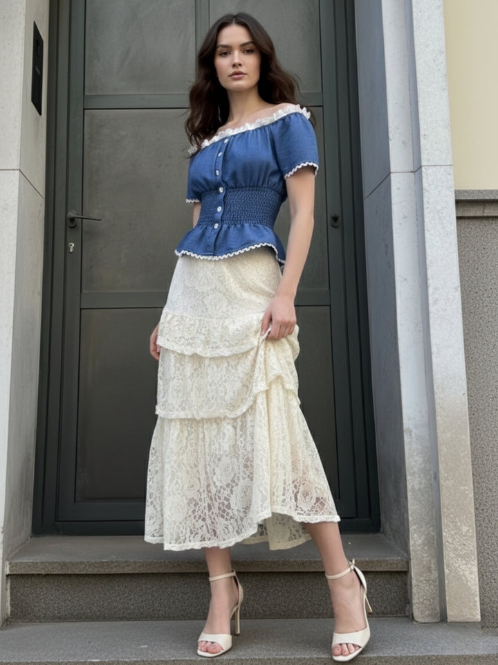 Blue Cinched Waist Puff Sleeved Top