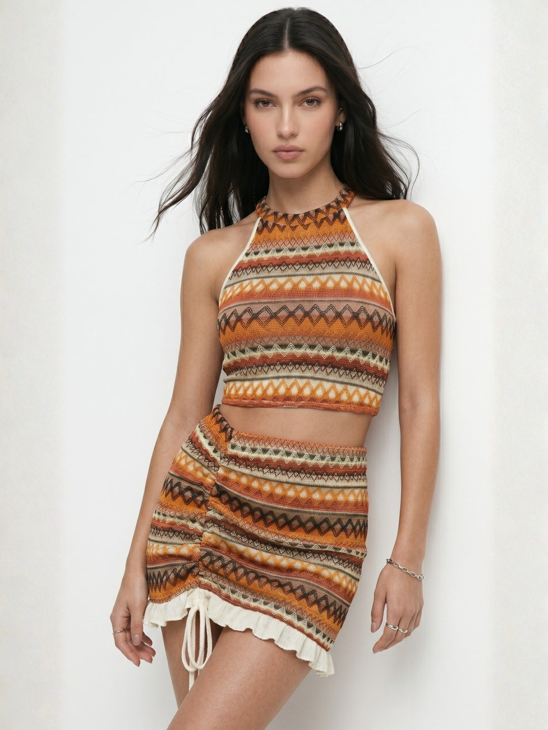 Orange Halter Top And Skirt Set