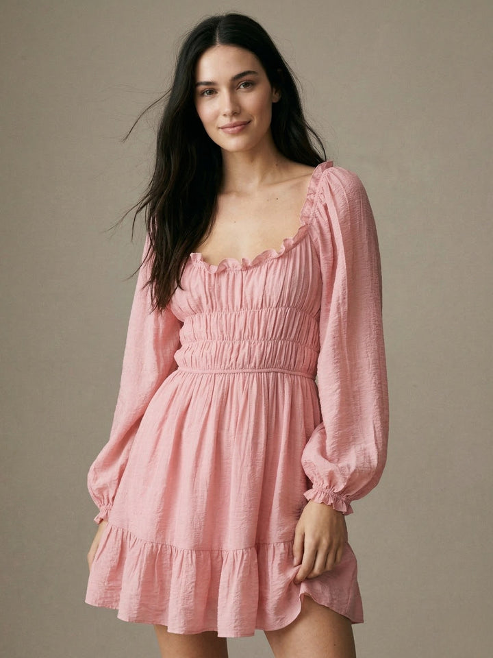 Pink Bishop Sleeve Ruffle Hem Dress