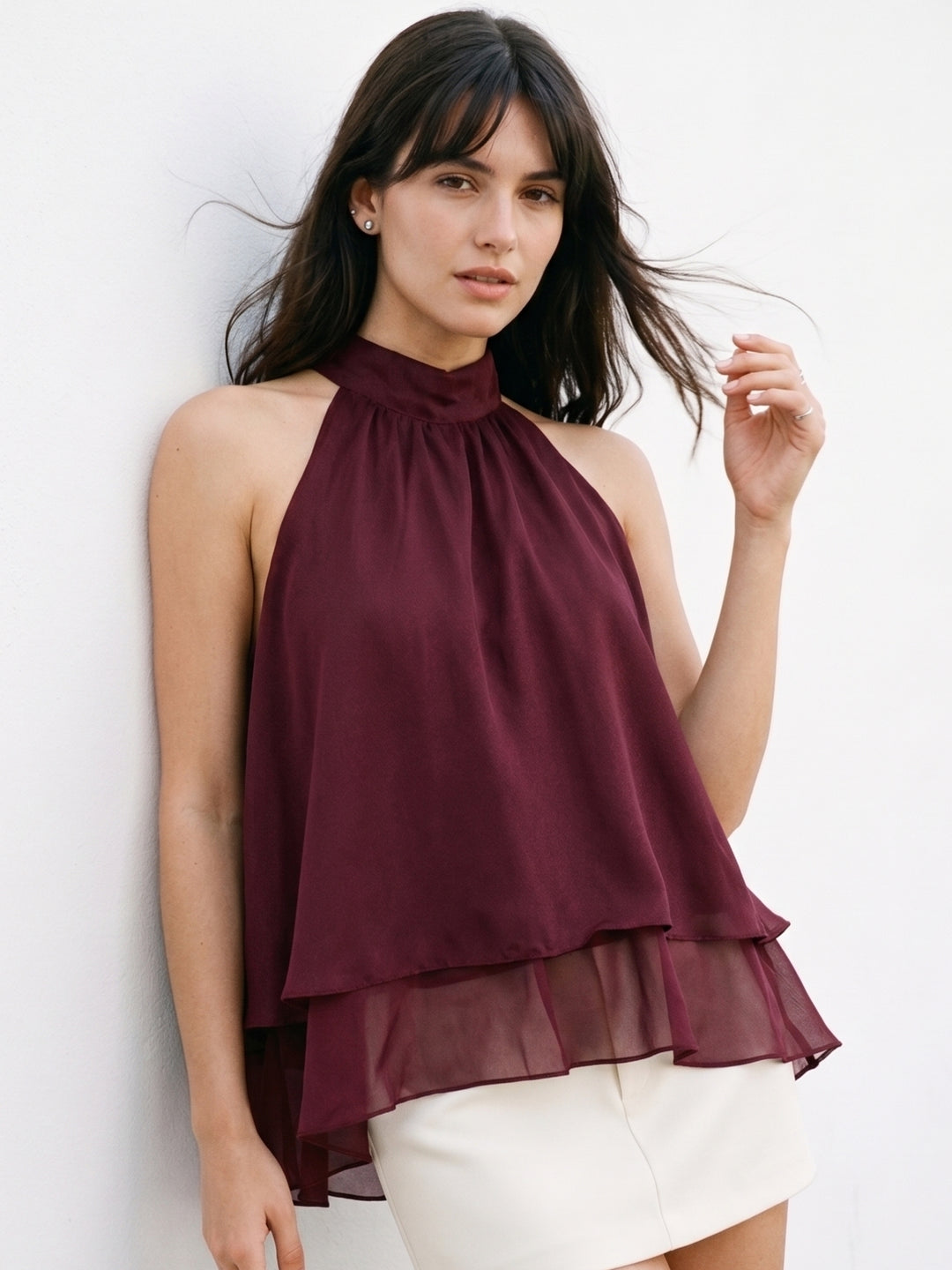 Maroon Mock Neck Back Tie-Up Tiered Top