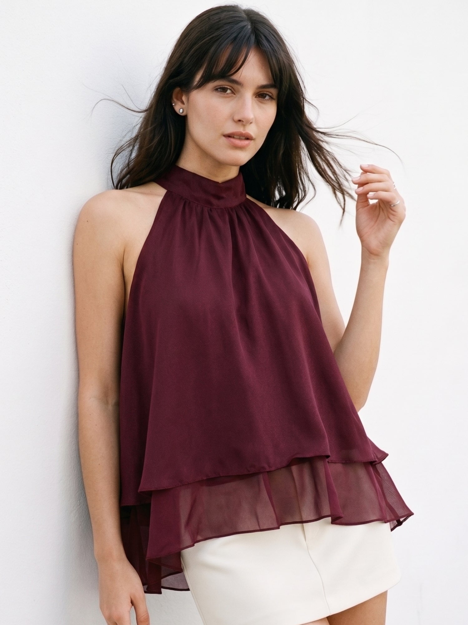 Maroon Mock Neck Back Tie-Up Tiered Top