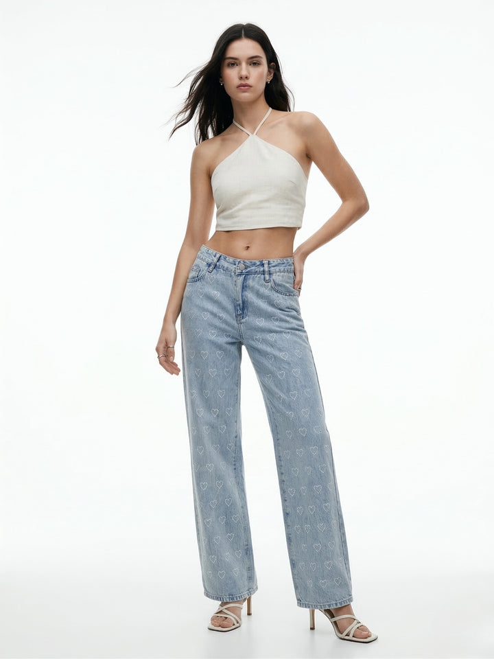 Light Blue Heart Sequined Washed Out Denim Jeans