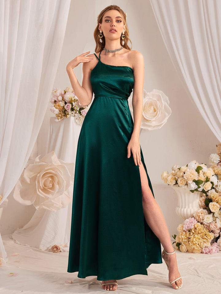 Dark Green One Shoulder Side Slit Dress