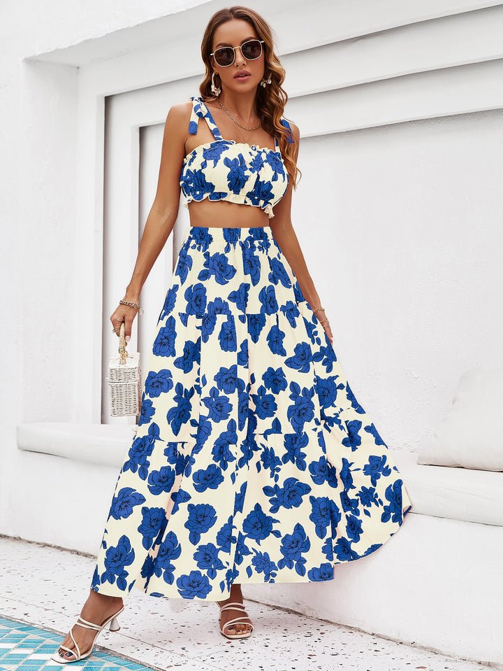 Blue Off Shoulder Crop Top Flared Skirt