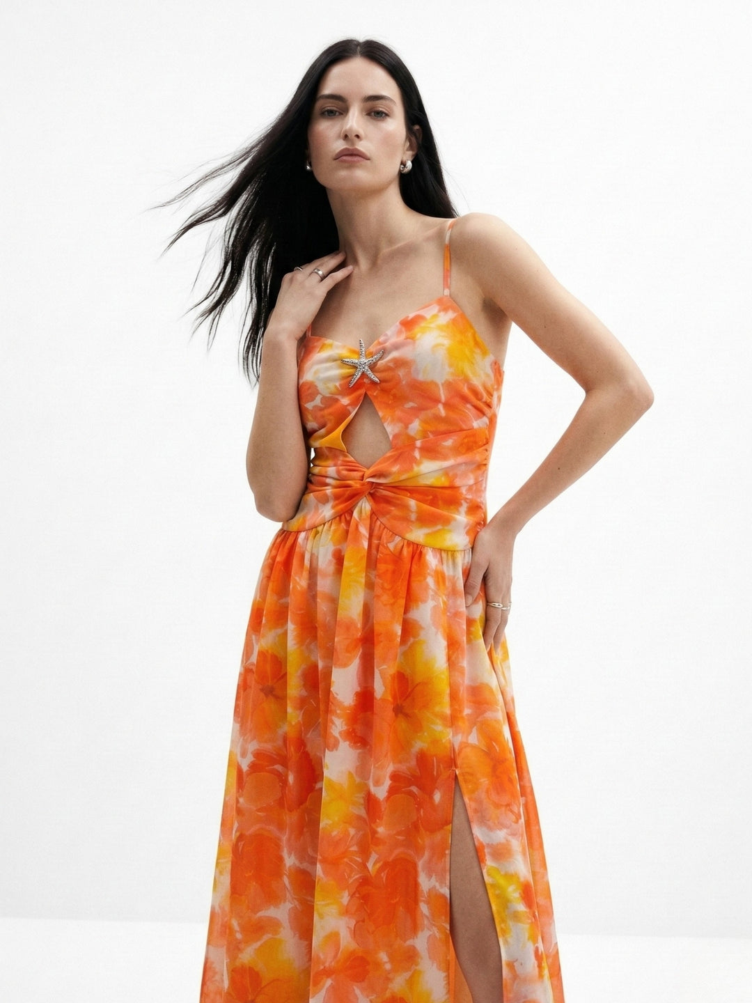 Orange Spaghetti Strap Floral Printed Dress