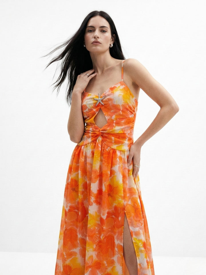 Orange Spaghetti Strap Floral Printed Dress