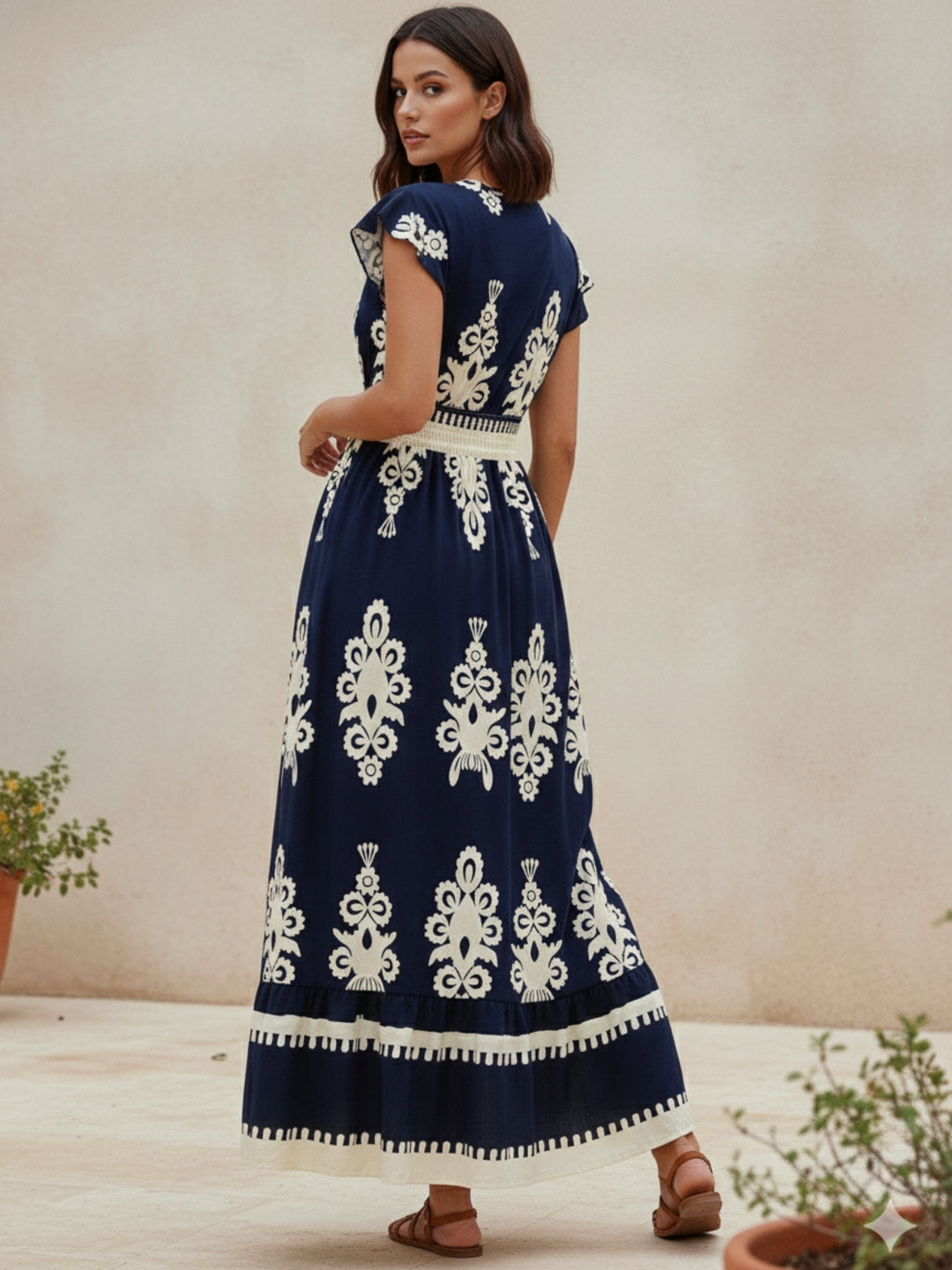 Blue Short Sleeve V Neck Printed Flared Dress