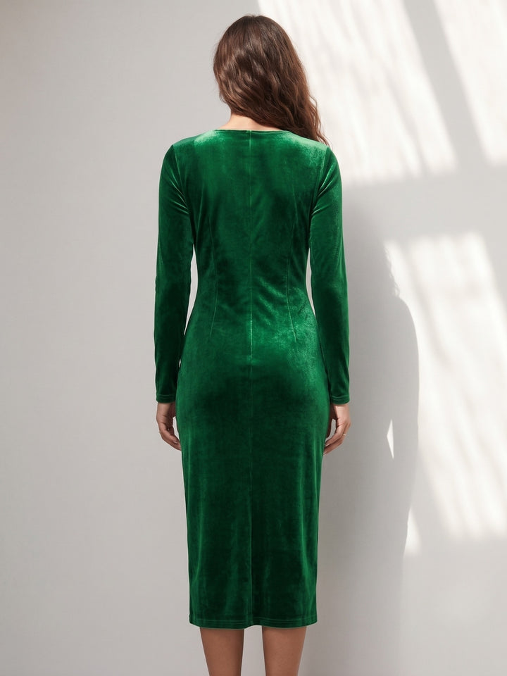 Green Velour Fitted Dress With Side Slit