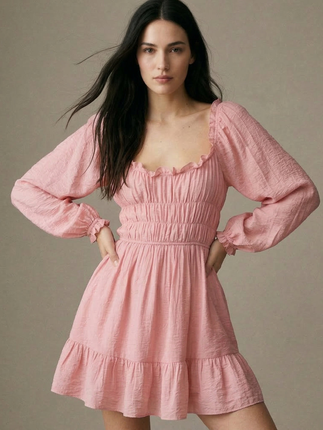 Pink Bishop Sleeve Ruffle Hem Dress