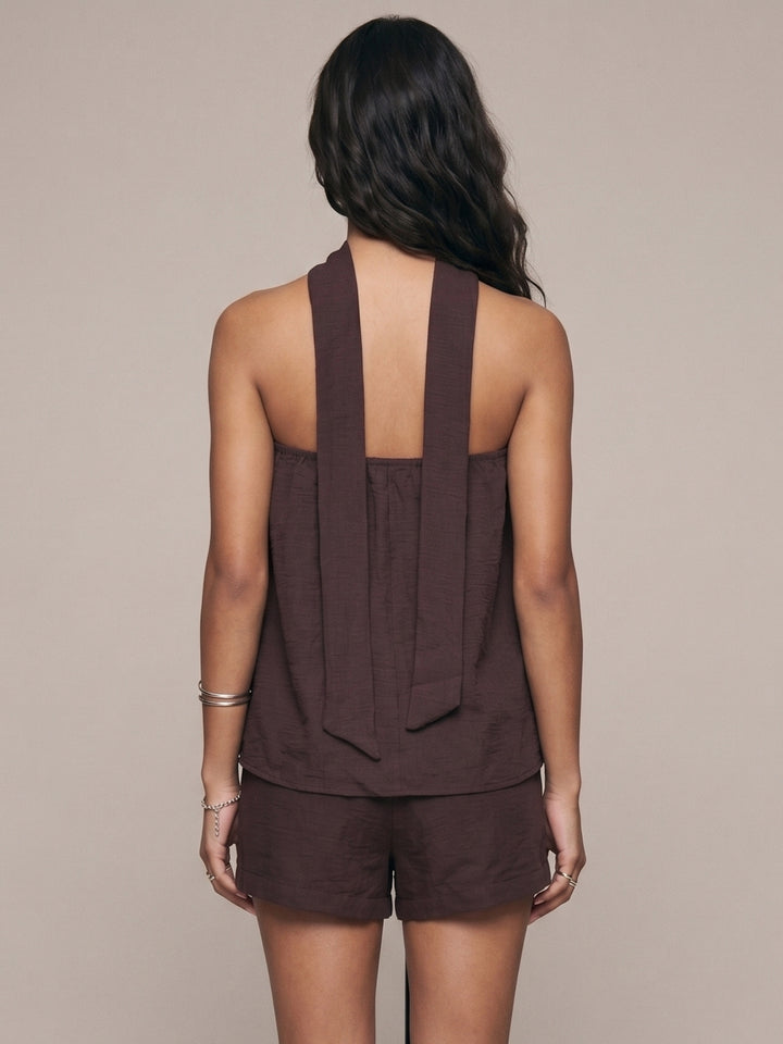 Brown Off Shoulder Neck Wrap Top And Short Set