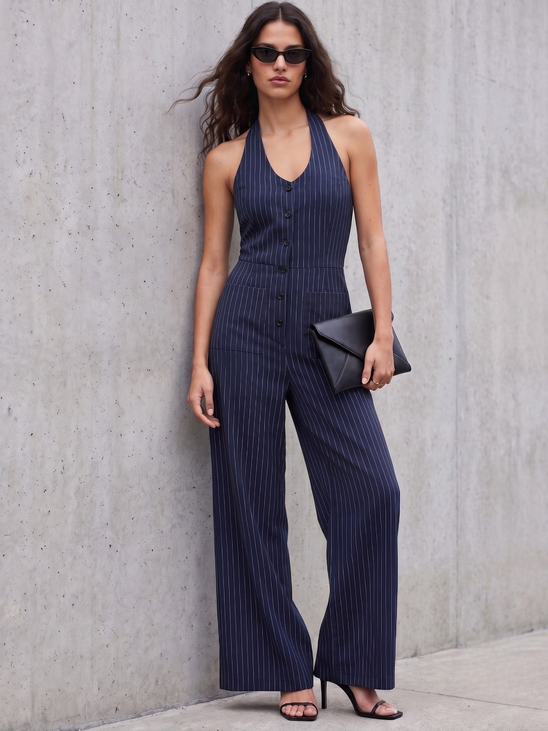 Navy blue Halter Neck Striped Jumpsuits