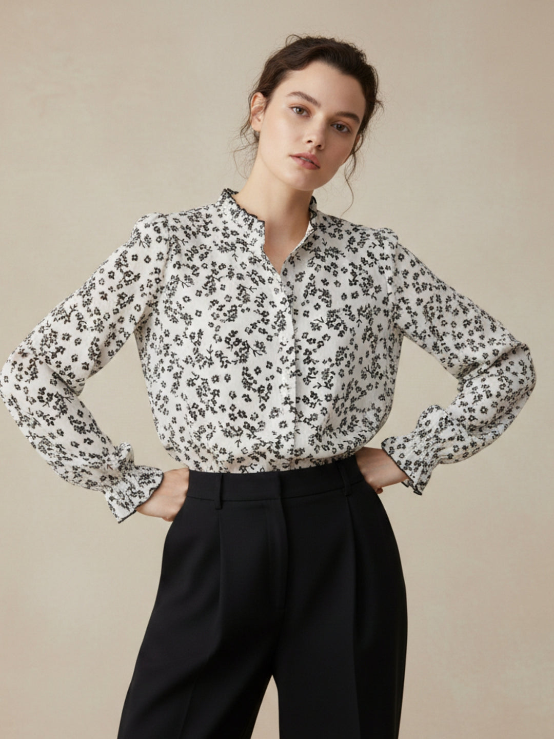 Beige Plunge Neck Printed Cuffed Blousson