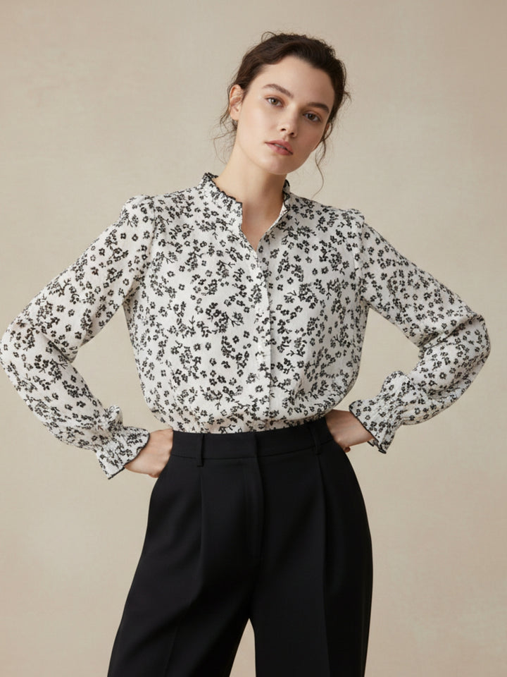 Beige Plunge Neck Printed Cuffed Blousson