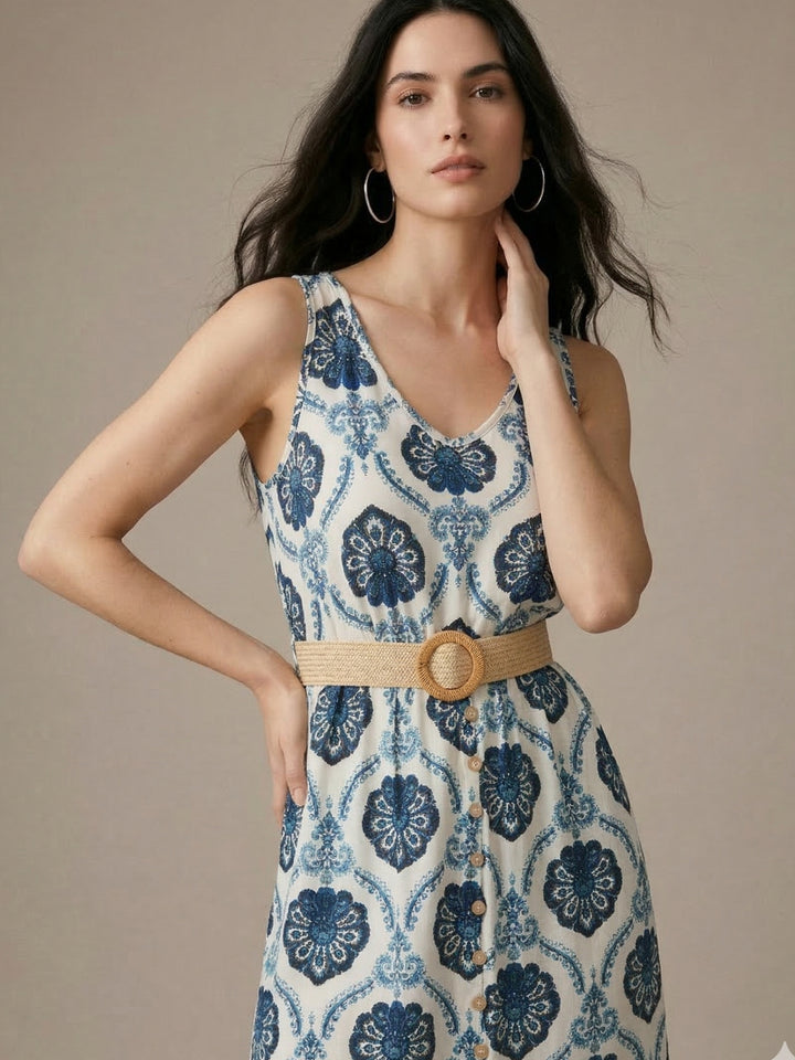 Blue Sleeveless Front Slit Dress